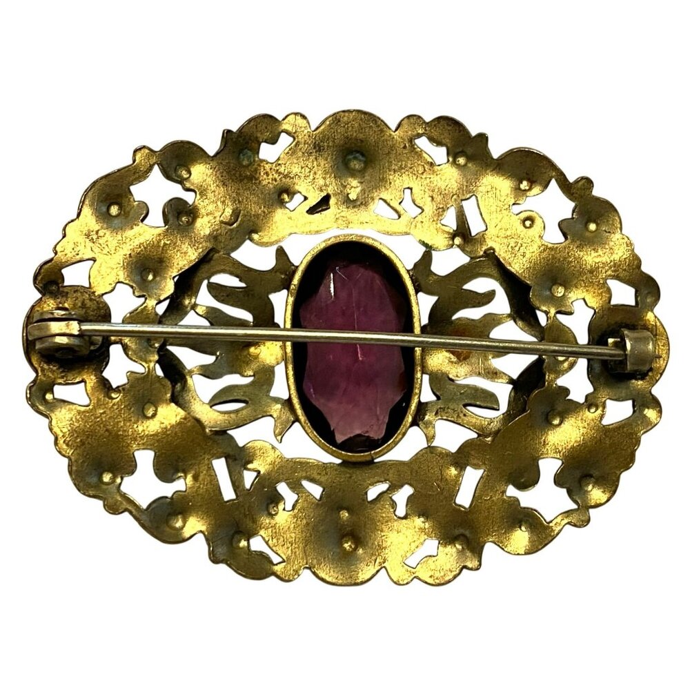 Victorian Brass Amethyst Purple Glass Sash Brooch Pin Art Nouveau 1800s - Picture 5 of 8